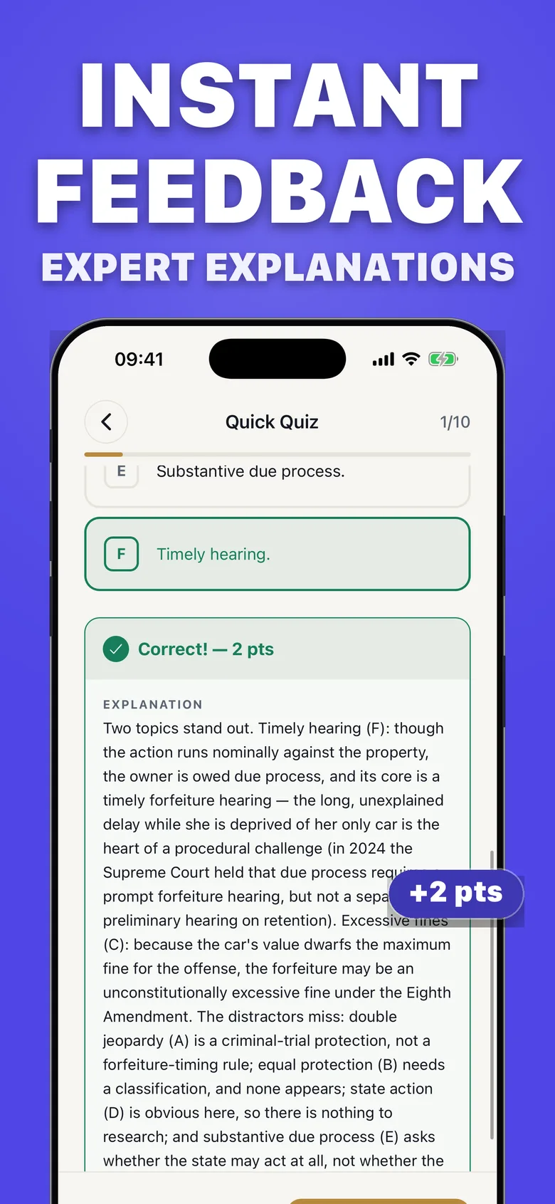 Answer feedback screen with a correct 2-point result and a detailed expert explanation of every option