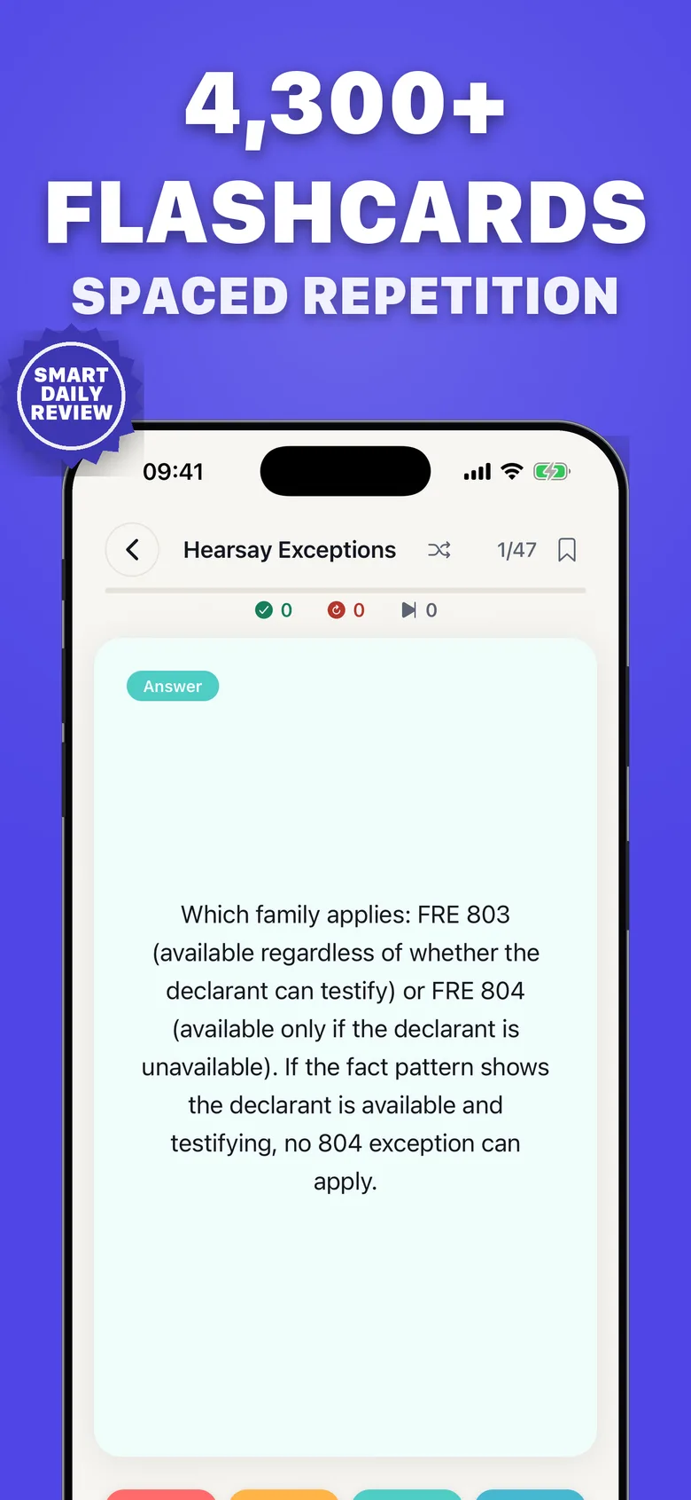 Hearsay exceptions flashcard from a 47-card deck with spaced-repetition review controls