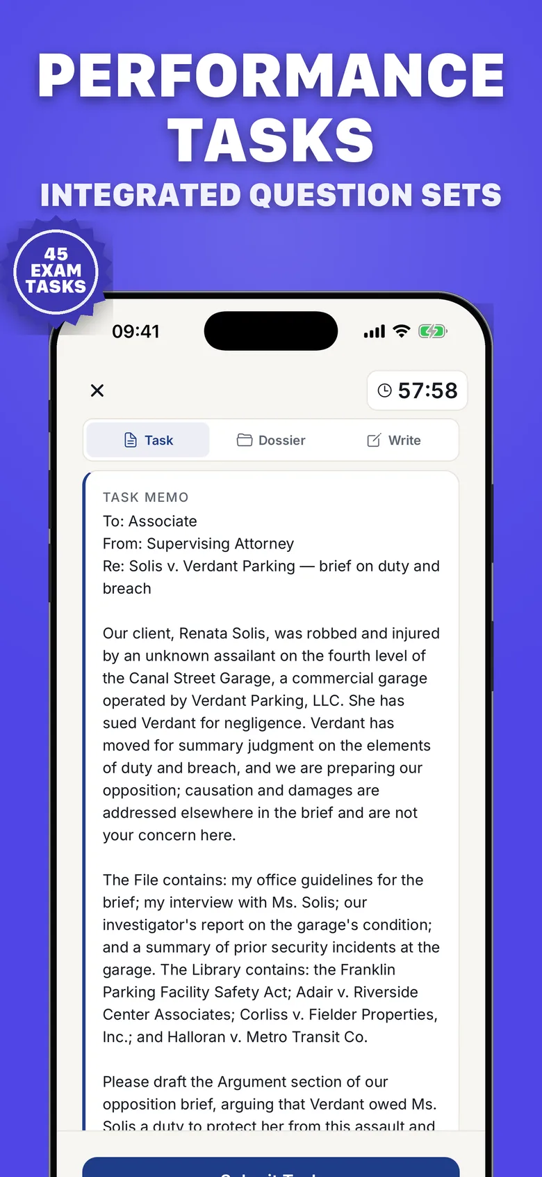 Timed performance task with a supervising attorney’s memo and Task, Dossier, and Write tabs