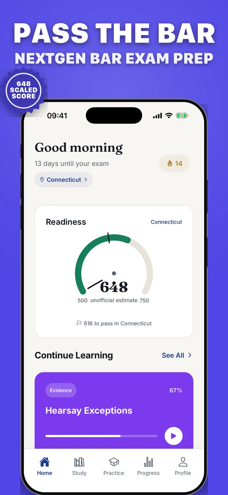 App home screen with a readiness gauge showing a 648 scaled-score estimate against Connecticut’s 616 pass line, an exam countdown, and a study streak