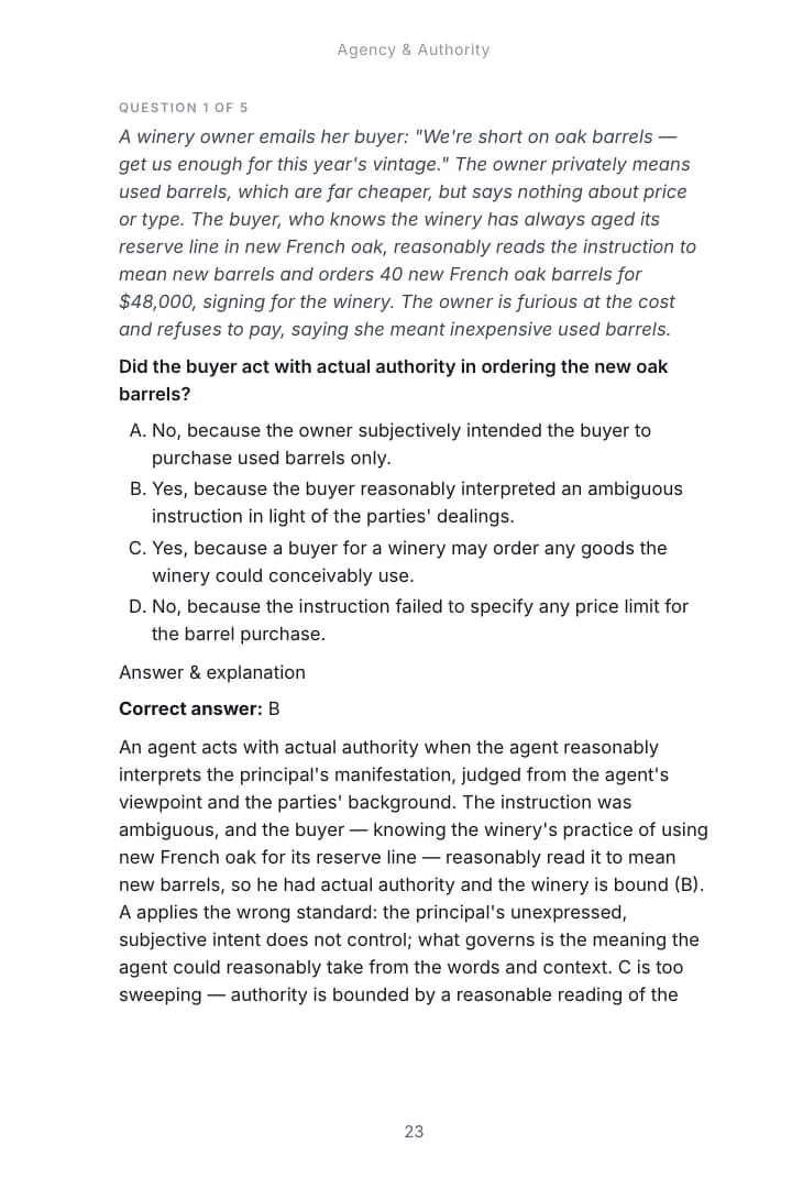 An exam-format question from Chapter 1, Agency & Authority of the Business Associations study guide, with the correct answer and an explanation of each option