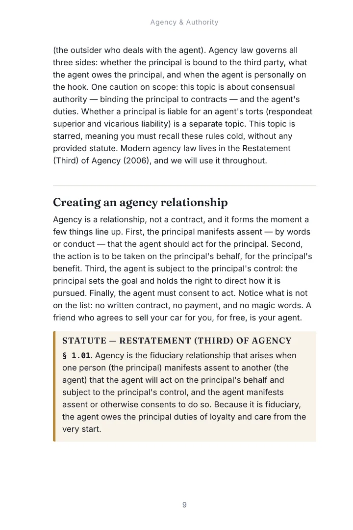 A page from Chapter 1, Agency & Authority of the Business Associations study guide with a rule extract box set inside the outline