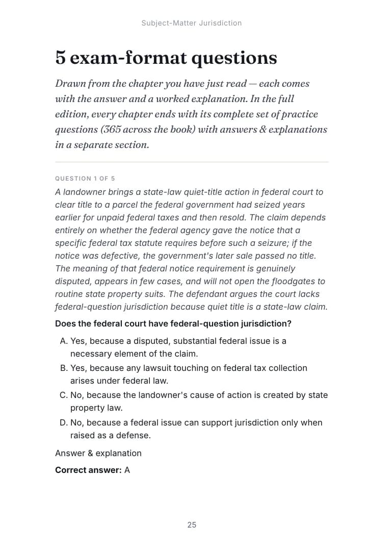 An exam-format question from Chapter 1, Subject-Matter Jurisdiction of the Civil Procedure study guide, with the correct answer and an explanation of each option