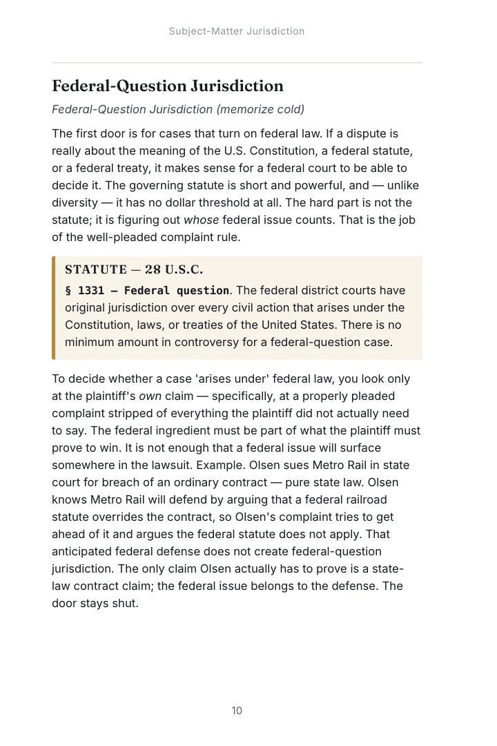 A page from Chapter 1, Subject-Matter Jurisdiction of the Civil Procedure study guide with a rule extract box set inside the outline