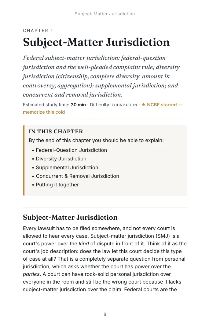 Opening page of Chapter 1, Subject-Matter Jurisdiction in the Civil Procedure study guide, with the estimated study time, difficulty and the list of what the chapter covers