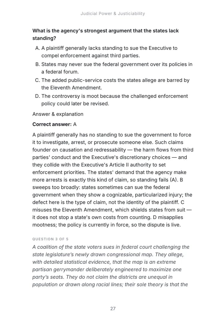 An exam-format question from Chapter 1, Judicial Power & Justiciability of the Constitutional Law study guide, with the correct answer and an explanation of each option