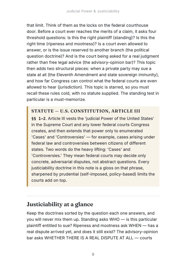 A page from Chapter 1, Judicial Power & Justiciability of the Constitutional Law study guide with a rule extract box set inside the outline