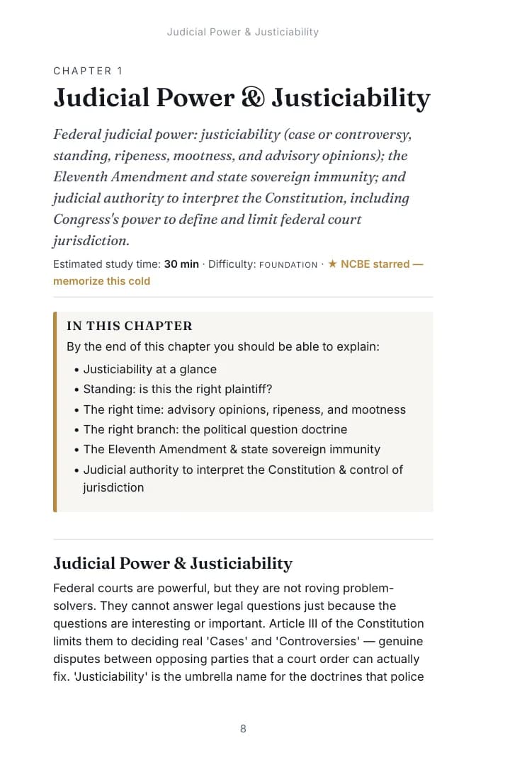 Opening page of Chapter 1, Judicial Power & Justiciability in the Constitutional Law study guide, with the estimated study time, difficulty and the list of what the chapter covers