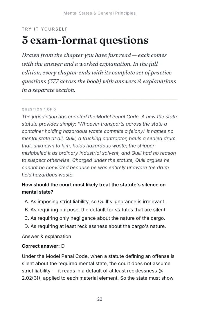 An exam-format question from Chapter 1, Mental States & General Principles of the Criminal Law & Constitutional Protections study guide, with the correct answer and an explanation of each option