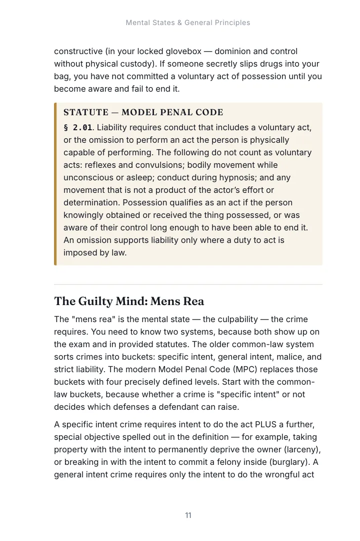 A page from Chapter 1, Mental States & General Principles of the Criminal Law & Constitutional Protections study guide with a rule extract box set inside the outline