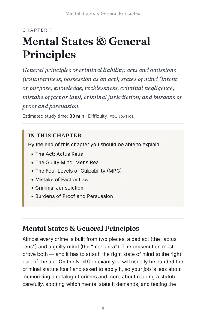 Opening page of Chapter 1, Mental States & General Principles in the Criminal Law & Constitutional Protections study guide, with the estimated study time, difficulty and the list of what the chapter covers