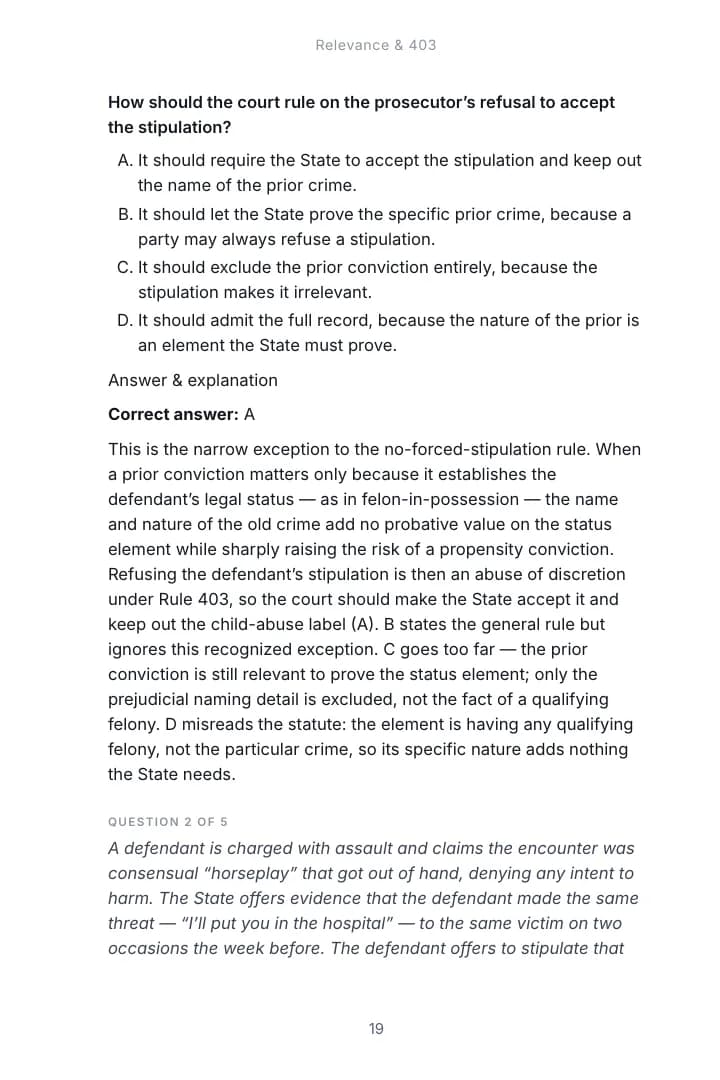 An exam-format question from Chapter 1, Relevance & 403 of the Evidence study guide, with the correct answer and an explanation of each option