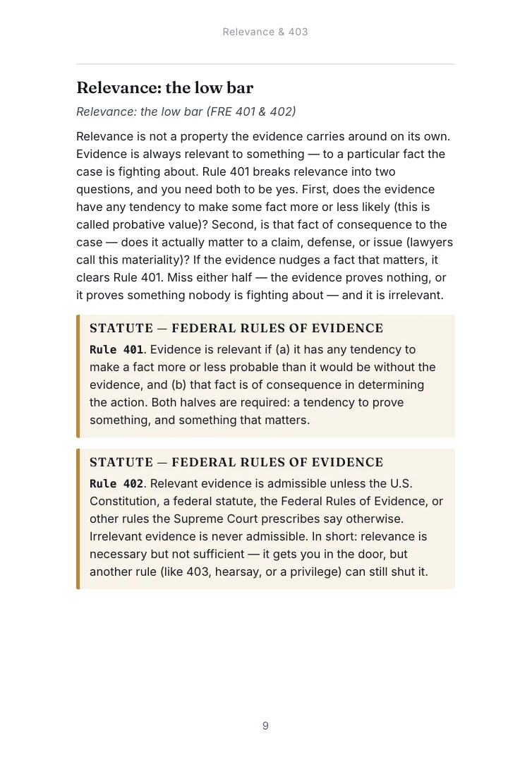 A page from Chapter 1, Relevance & 403 of the Evidence study guide with a rule extract box set inside the outline