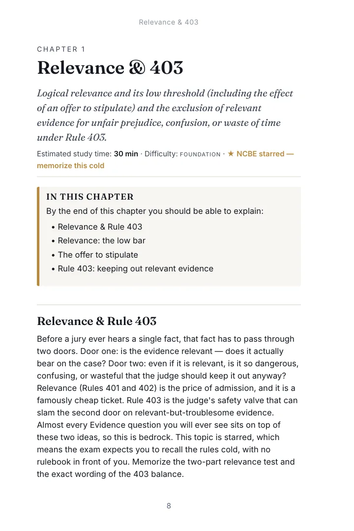 Opening page of Chapter 1, Relevance & 403 in the Evidence study guide, with the estimated study time, difficulty and the list of what the chapter covers