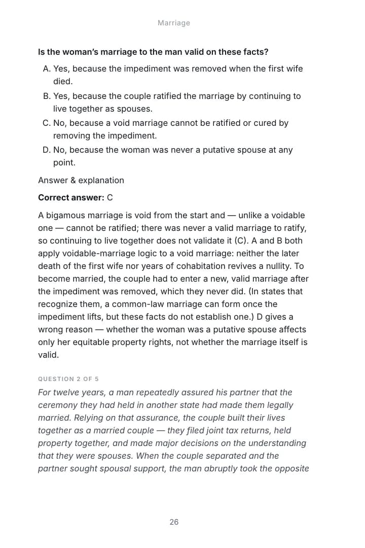 An exam-format question from Chapter 1, Marriage of the Family Law & Trusts and Estates Practice study guide, with the correct answer and an explanation of each option