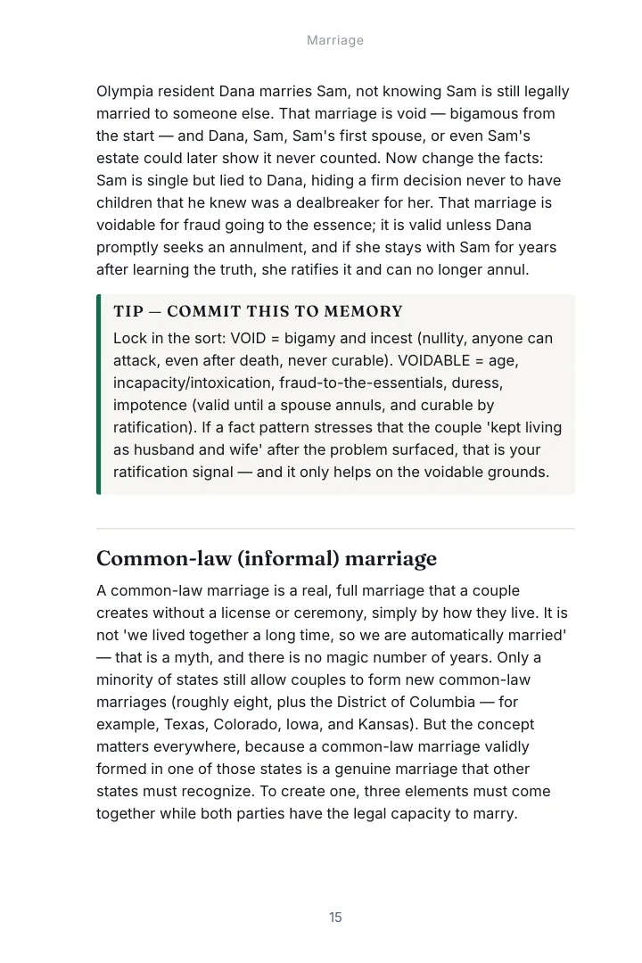A page from Chapter 1, Marriage of the Family Law & Trusts and Estates Practice study guide with a exam tip box set inside the outline