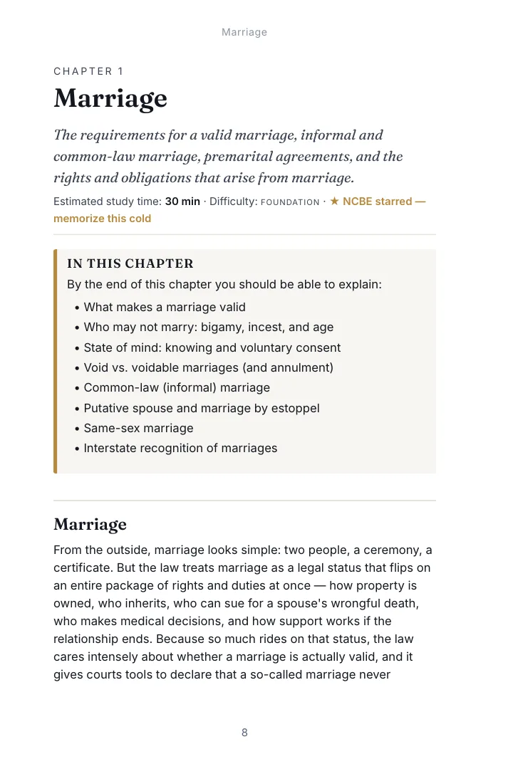 Opening page of Chapter 1, Marriage in the Family Law & Trusts and Estates Practice study guide, with the estimated study time, difficulty and the list of what the chapter covers