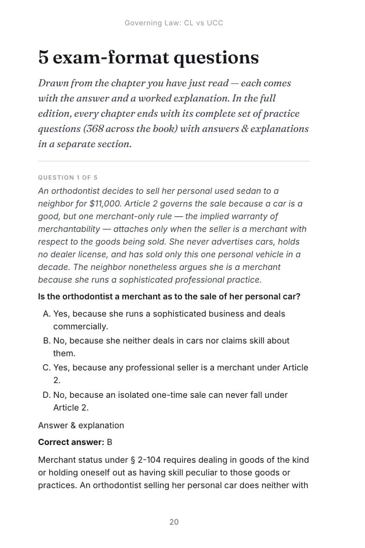 An exam-format question from Chapter 1 of the Contracts study guide, with the correct answer and an explanation of each option