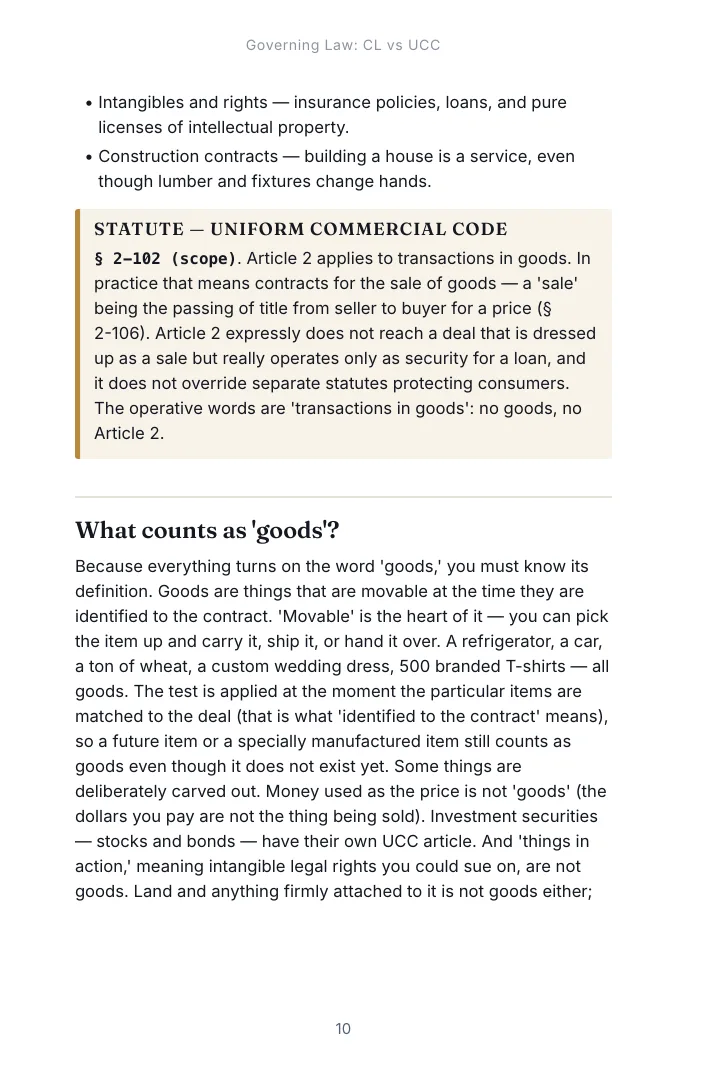 A page from Chapter 1 of the Contracts study guide with a rule extract box set inside the outline