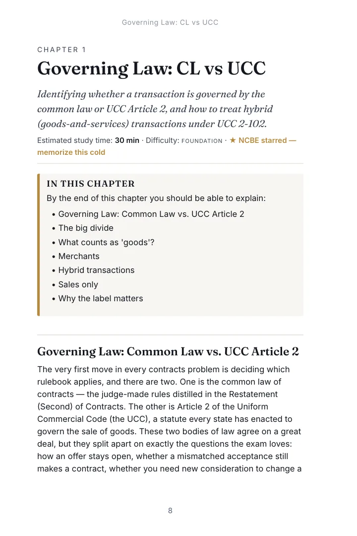 Opening page of Chapter 1, Governing Law: CL vs UCC, in the Contracts study guide, with the estimated study time, difficulty, the NCBE star and the list of what the chapter covers