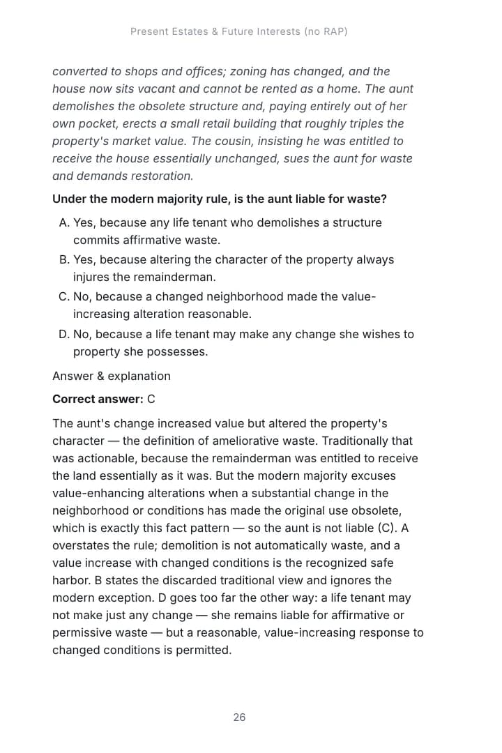 An exam-format question from Chapter 1, Present Estates & Future Interests (no RAP) of the Real Property study guide, with the correct answer and an explanation of each option