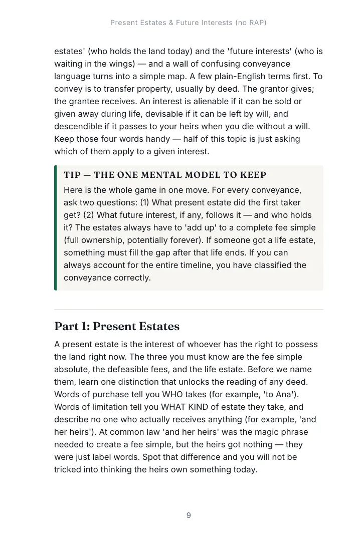 A page from Chapter 1, Present Estates & Future Interests (no RAP) of the Real Property study guide with a exam tip box set inside the outline