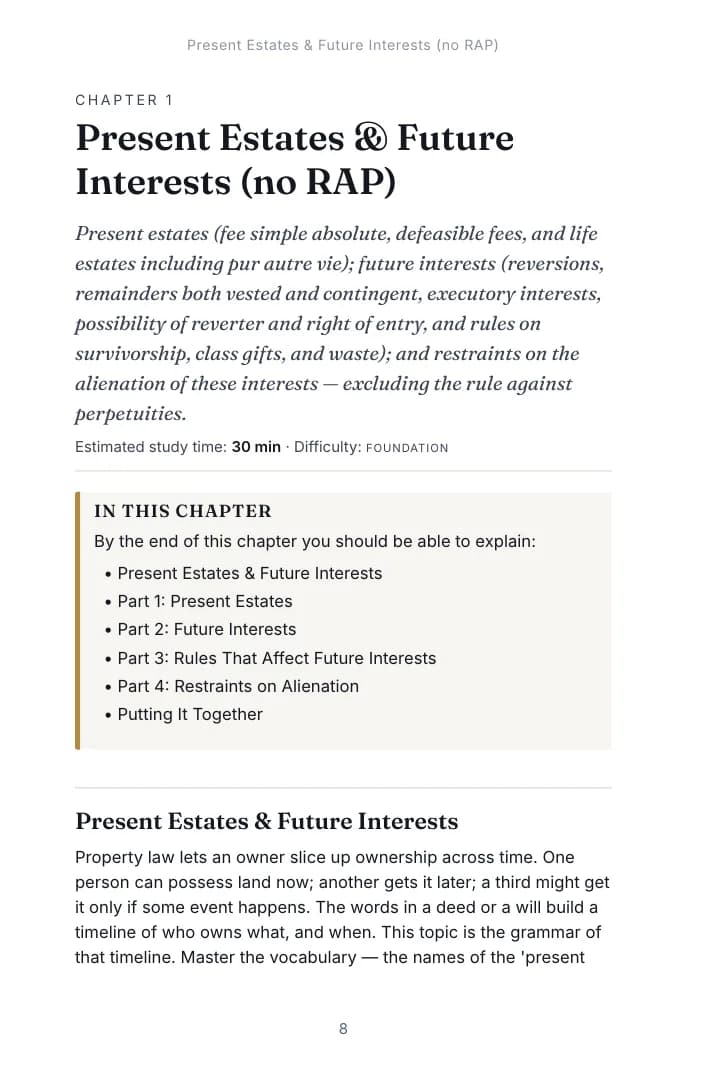 Opening page of Chapter 1, Present Estates & Future Interests (no RAP) in the Real Property study guide, with the estimated study time, difficulty and the list of what the chapter covers