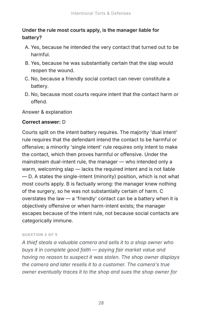An exam-format question from Chapter 1, Intentional Torts & Defenses of the Torts study guide, with the correct answer and an explanation of each option