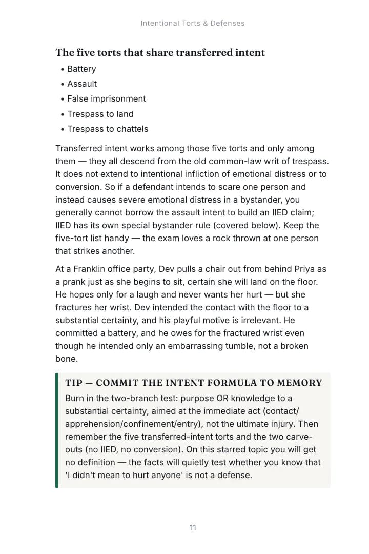 A page from Chapter 1, Intentional Torts & Defenses of the Torts study guide with a exam tip box set inside the outline