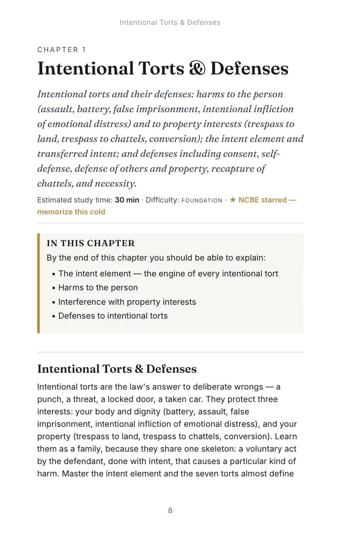 Opening page of Chapter 1, Intentional Torts & Defenses in the Torts study guide, with the estimated study time, difficulty and the list of what the chapter covers