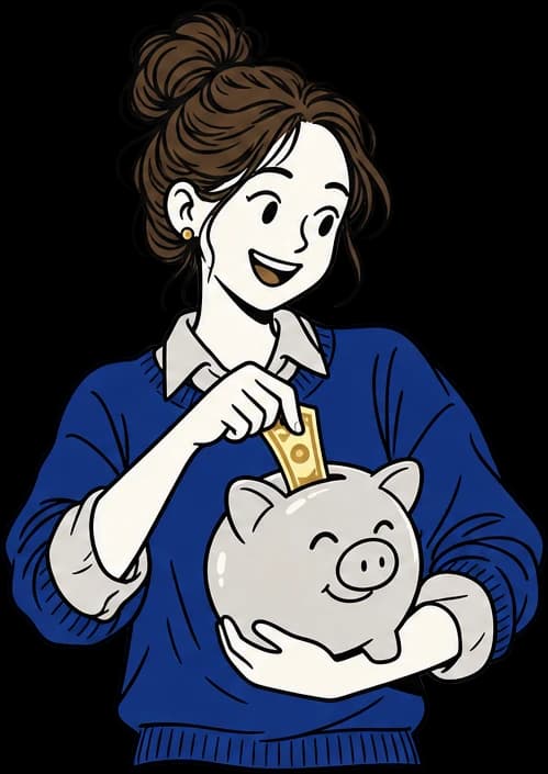 Illustration of a student dropping a dollar bill into a piggy bank
