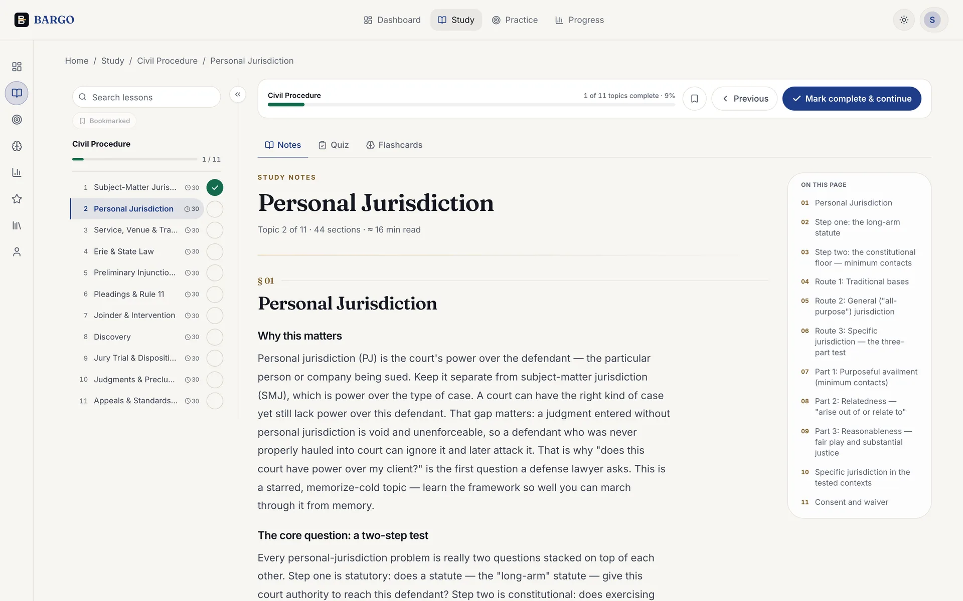 The BARGO lesson player: the Civil Procedure lesson list with a completed topic ticked, the Personal Jurisdiction study notes, and an On this page section list beside them.