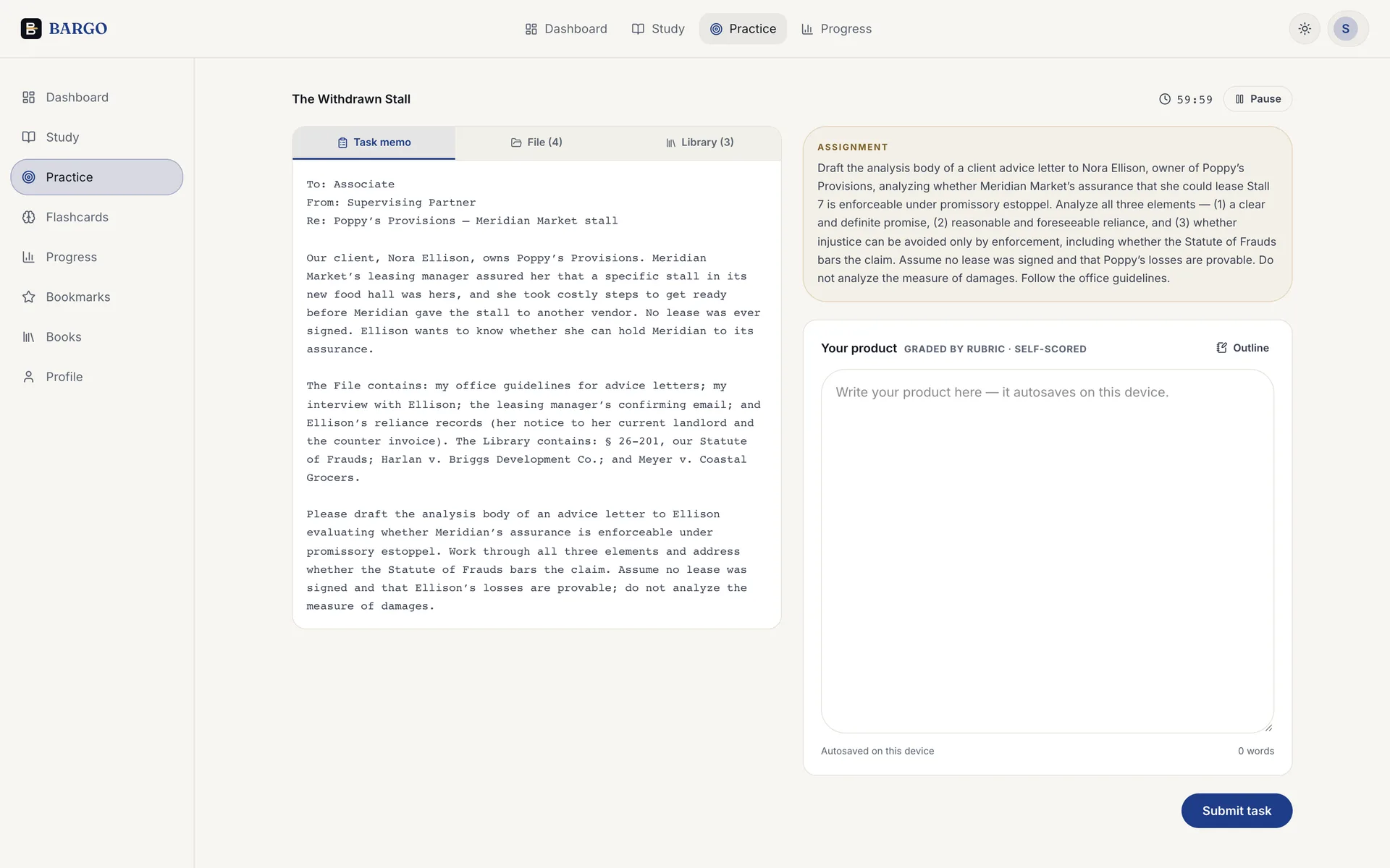 A performance task in BARGO: the task memo with its File and Library tabs on the left, the assignment and the answer editor on the right, under the task clock.