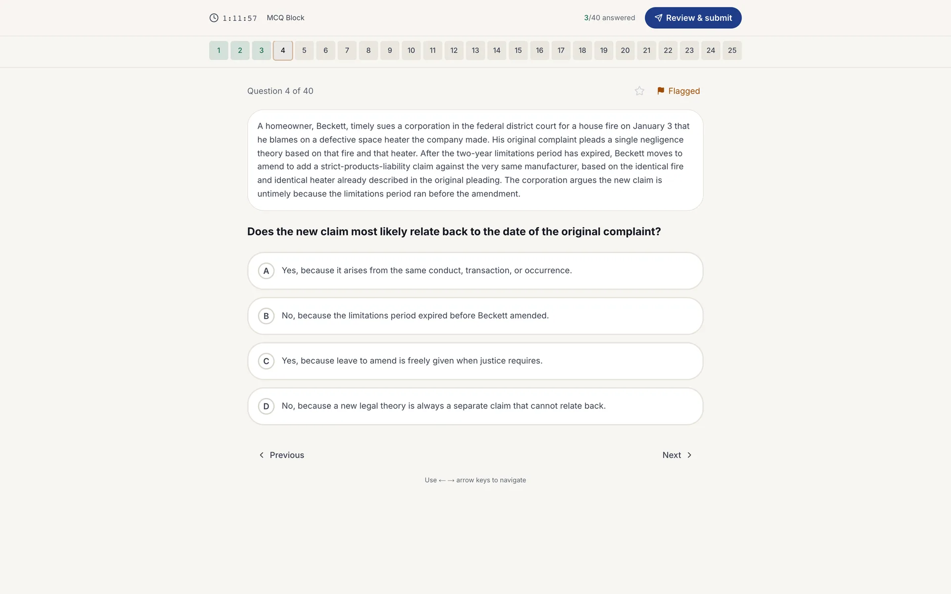 A timed practice exam in progress in BARGO: the session timer, the question navigator with answered and flagged questions, and the current question with its options.